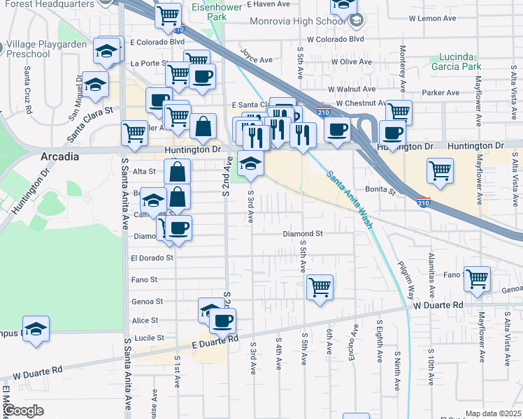 map of restaurants, bars, coffee shops, grocery stores, and more near 311 California Street in Arcadia