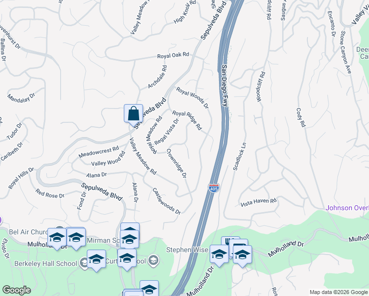 map of restaurants, bars, coffee shops, grocery stores, and more near 15660 Crownridge Place in Los Angeles