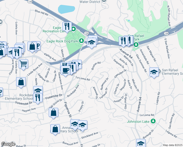 map of restaurants, bars, coffee shops, grocery stores, and more near 1332 Brixton Road in Pasadena