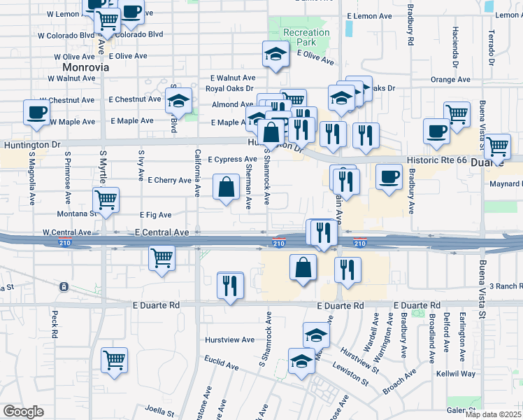 map of restaurants, bars, coffee shops, grocery stores, and more near 1323 South Shamrock Avenue in Monrovia
