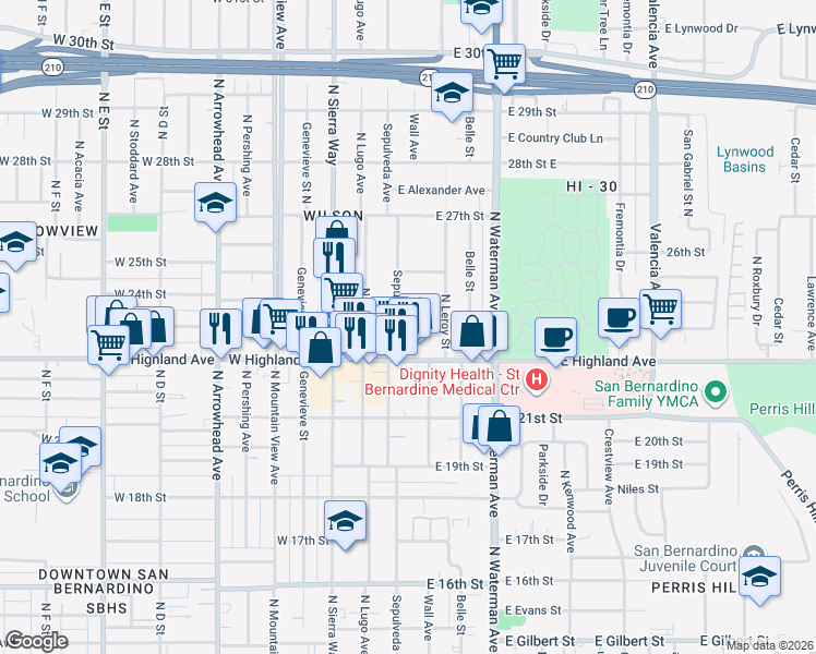 map of restaurants, bars, coffee shops, grocery stores, and more near 2301 Sepulveda Avenue in San Bernardino