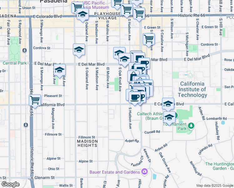 map of restaurants, bars, coffee shops, grocery stores, and more near 511 South Oak Knoll Avenue in Pasadena