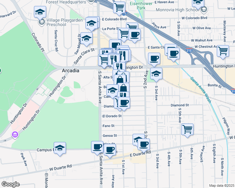 map of restaurants, bars, coffee shops, grocery stores, and more near 53 California Street in Arcadia