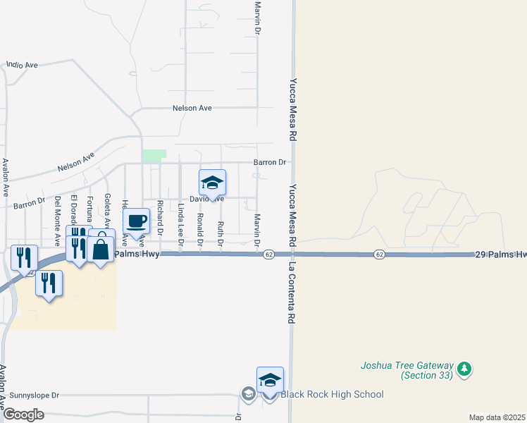 map of restaurants, bars, coffee shops, grocery stores, and more near 6381 Marvin Drive in Yucca Valley