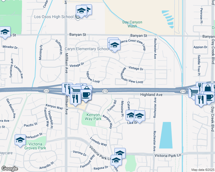 map of restaurants, bars, coffee shops, grocery stores, and more near 11585 Pinnacle Peak Court in Rancho Cucamonga