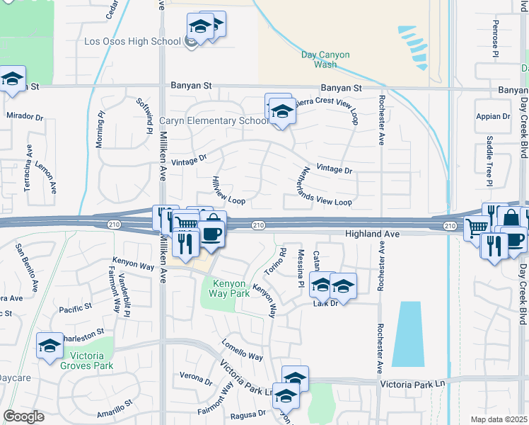 map of restaurants, bars, coffee shops, grocery stores, and more near 11585 Pinnacle Peak Court in Rancho Cucamonga