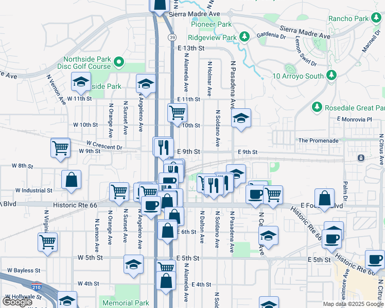 map of restaurants, bars, coffee shops, grocery stores, and more near 824 North Alameda Avenue in Azusa