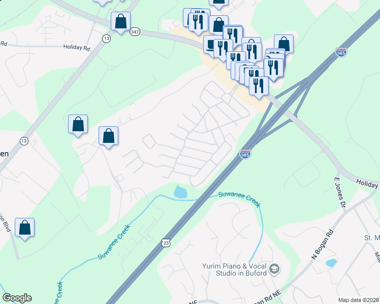 map of restaurants, bars, coffee shops, grocery stores, and more near 5458 Rolling Oak in Buford