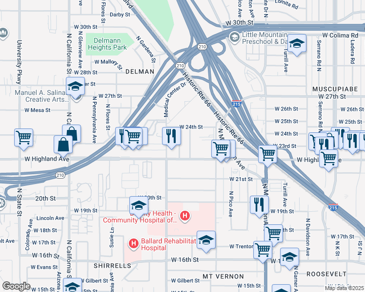 map of restaurants, bars, coffee shops, grocery stores, and more near 2295 Ramona Avenue in San Bernardino