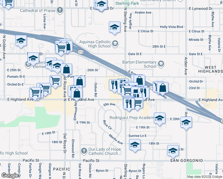 map of restaurants, bars, coffee shops, grocery stores, and more near 1908 East Highland Avenue in San Bernardino