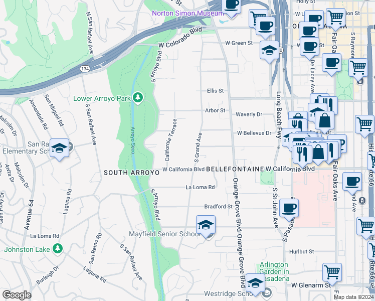 map of restaurants, bars, coffee shops, grocery stores, and more near 505 South Grand Avenue in Pasadena
