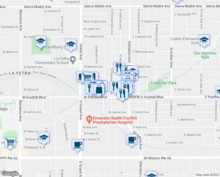 map of restaurants, bars, coffee shops, grocery stores, and more near 133 North Pennsylvania Avenue in Glendora