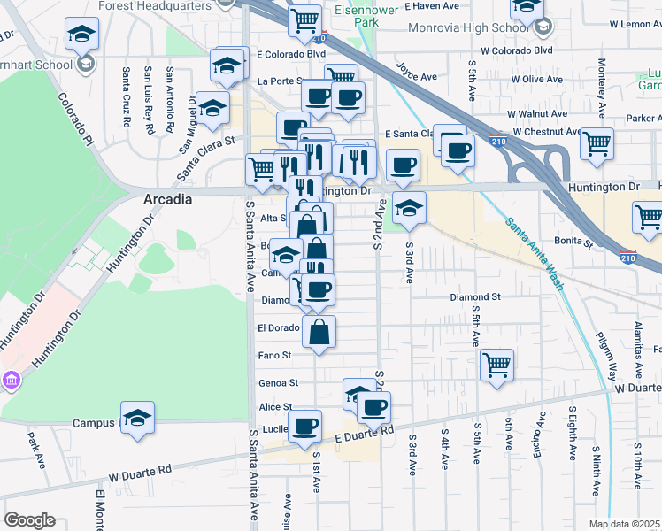 map of restaurants, bars, coffee shops, grocery stores, and more near 117 California Street in Arcadia