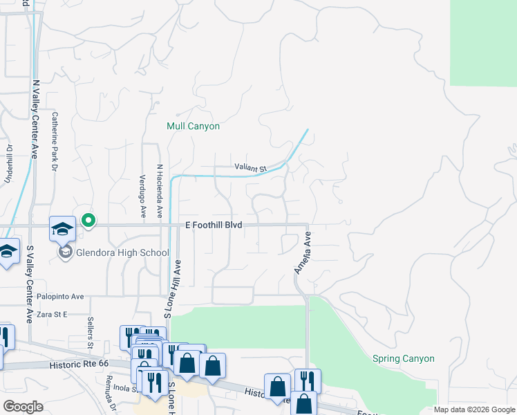 map of restaurants, bars, coffee shops, grocery stores, and more near 124 Morgan Ranch Road in Glendora
