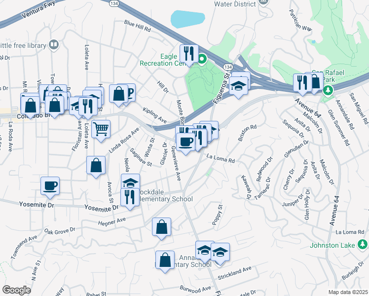 map of restaurants, bars, coffee shops, grocery stores, and more near 7315 North Figueroa Street in Los Angeles