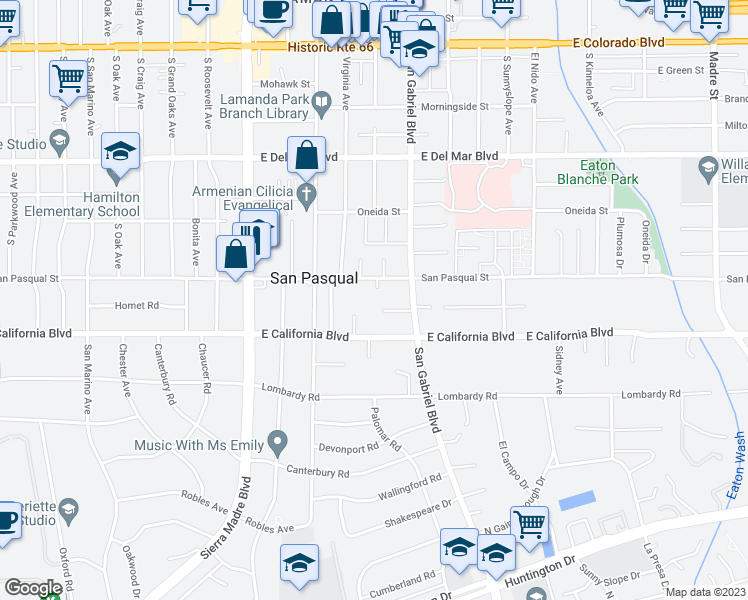 map of restaurants, bars, coffee shops, grocery stores, and more near 527 Wenham Road in Pasadena