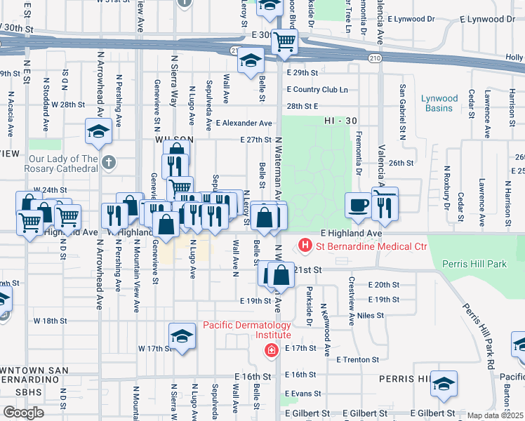 map of restaurants, bars, coffee shops, grocery stores, and more near 1496 North Belle Street in San Bernardino