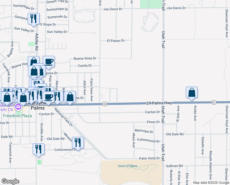 map of restaurants, bars, coffee shops, grocery stores, and more near 6430 Marine Avenue in Twentynine Palms