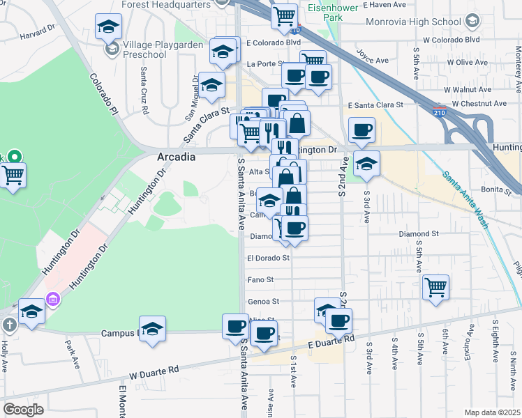 map of restaurants, bars, coffee shops, grocery stores, and more near 21 California Street in Arcadia