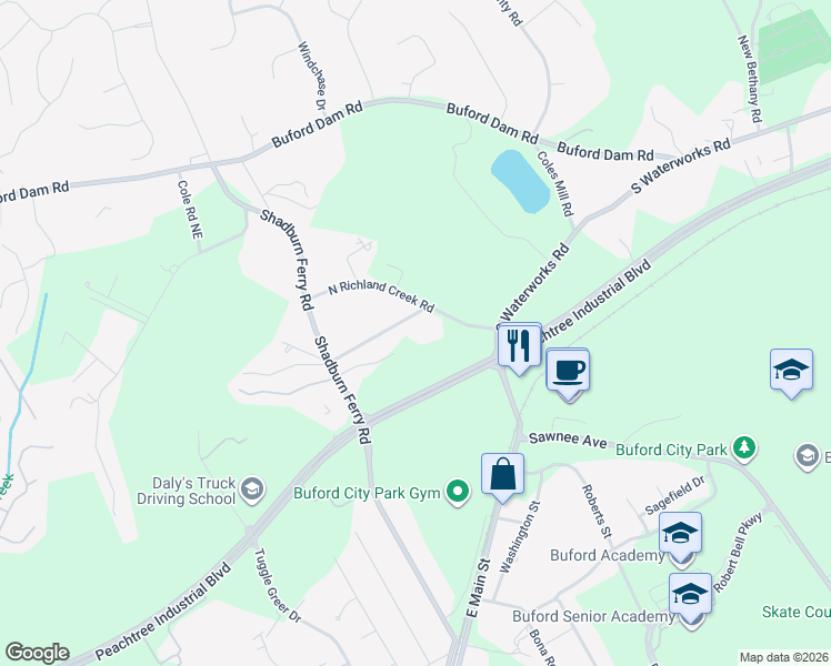 map of restaurants, bars, coffee shops, grocery stores, and more near 2473 Shad Burn Ferry Drive in Buford