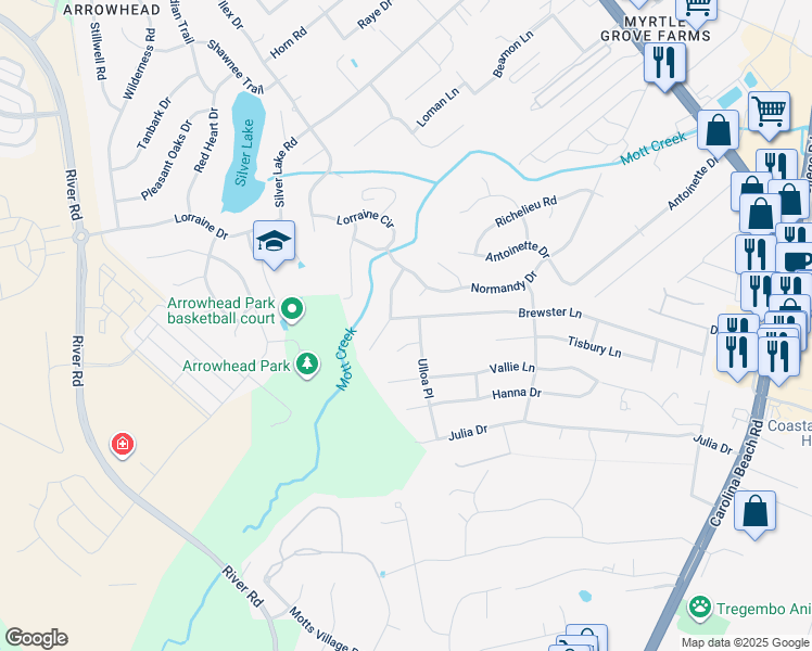 map of restaurants, bars, coffee shops, grocery stores, and more near 410 Brewster Lane in Wilmington