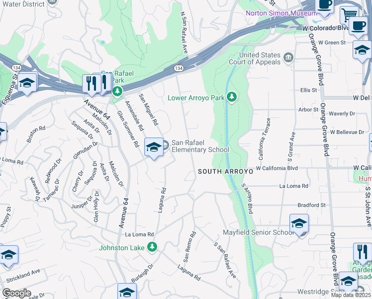 map of restaurants, bars, coffee shops, grocery stores, and more near 355 South San Rafael Avenue in Pasadena