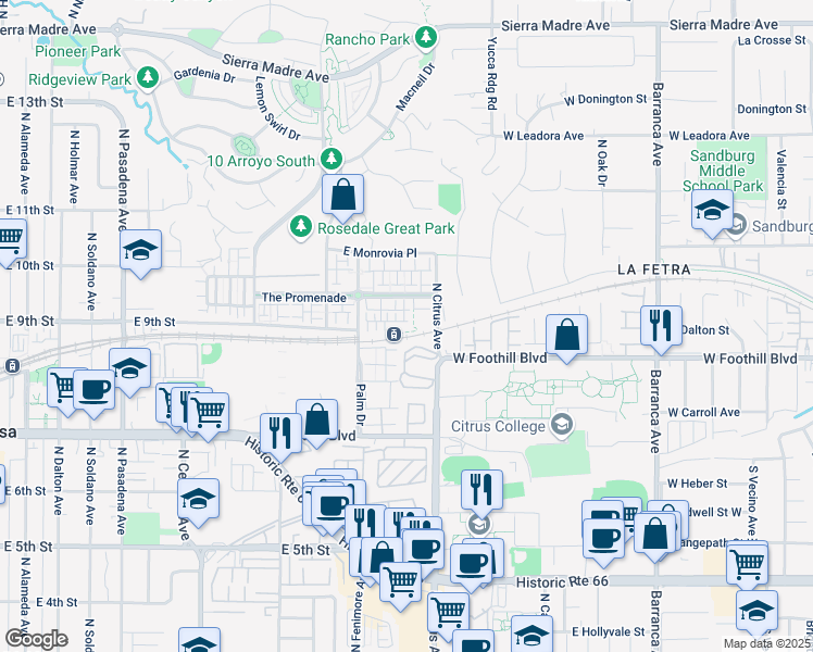 map of restaurants, bars, coffee shops, grocery stores, and more near 878 Iris Way in Azusa