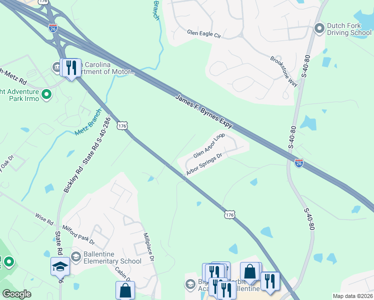 map of restaurants, bars, coffee shops, grocery stores, and more near 120 Deer Hill Road in Irmo