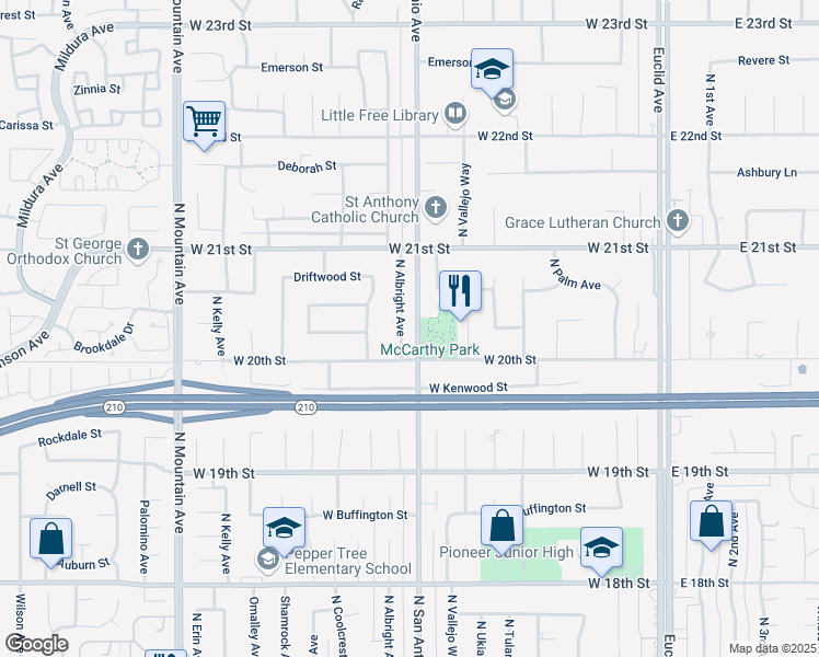 map of restaurants, bars, coffee shops, grocery stores, and more near 2028 North Albright Avenue in Upland
