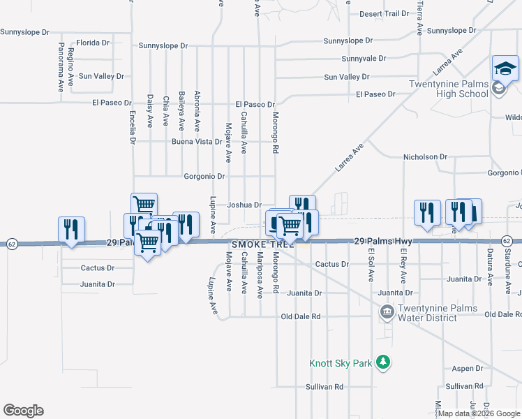 map of restaurants, bars, coffee shops, grocery stores, and more near 6415 Cahuilla Avenue in Twentynine Palms