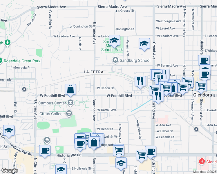 map of restaurants, bars, coffee shops, grocery stores, and more near 137 North Wildwood Avenue in Glendora