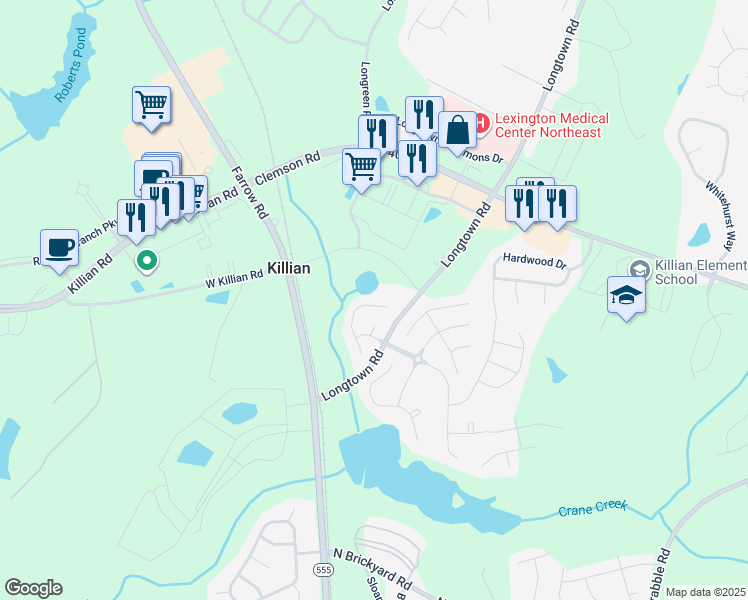 map of restaurants, bars, coffee shops, grocery stores, and more near 285 Arbor Falls Drive in Columbia