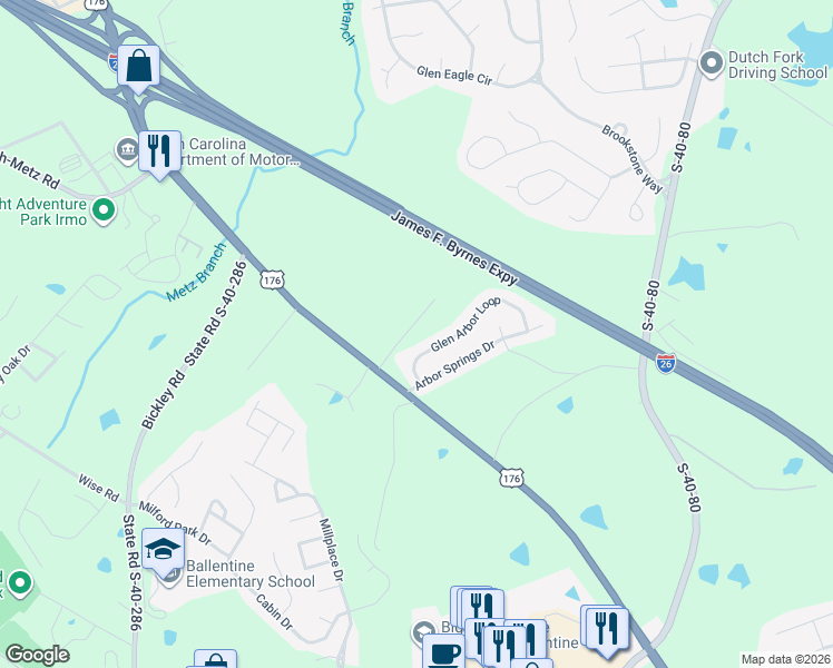 map of restaurants, bars, coffee shops, grocery stores, and more near 120 Deer Hill Road in Irmo
