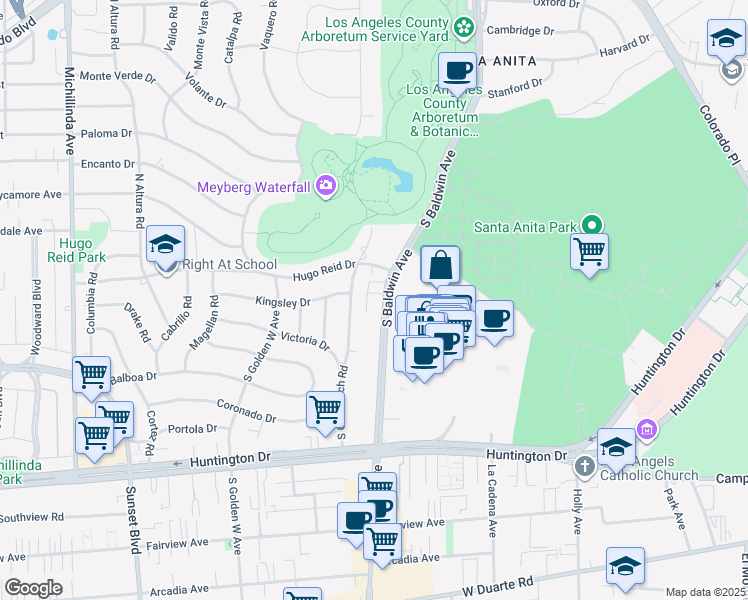 map of restaurants, bars, coffee shops, grocery stores, and more near 233 South Baldwin Avenue in Arcadia