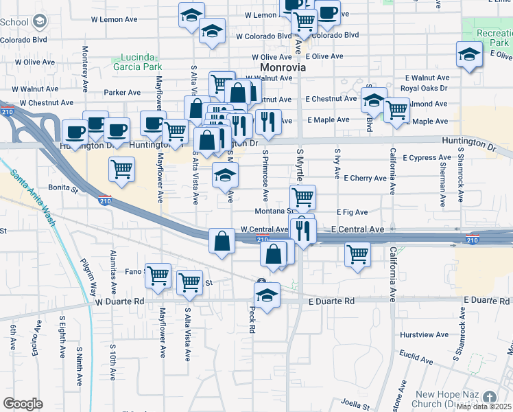 map of restaurants, bars, coffee shops, grocery stores, and more near 215 Montana Street in Monrovia