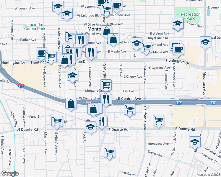 map of restaurants, bars, coffee shops, grocery stores, and more near 2 Los Angeles Avenue in Monrovia