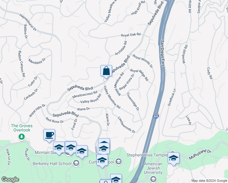 map of restaurants, bars, coffee shops, grocery stores, and more near 3701 Royal Meadow Road in Los Angeles