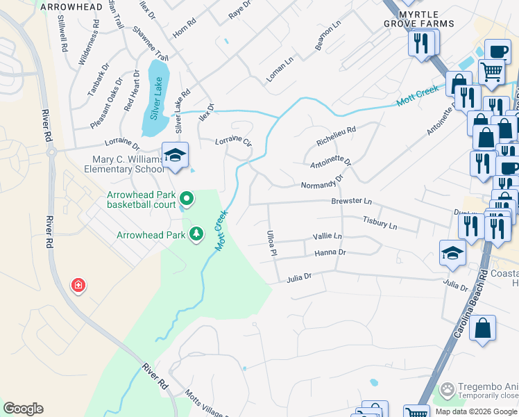 map of restaurants, bars, coffee shops, grocery stores, and more near 418 Brewster Lane in Wilmington