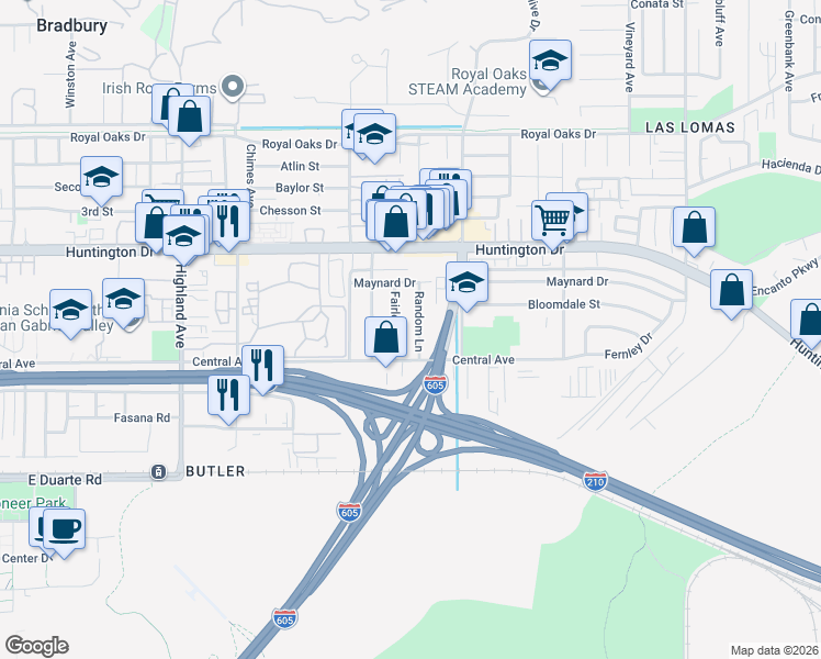 map of restaurants, bars, coffee shops, grocery stores, and more near 1413 Random Lane in Duarte