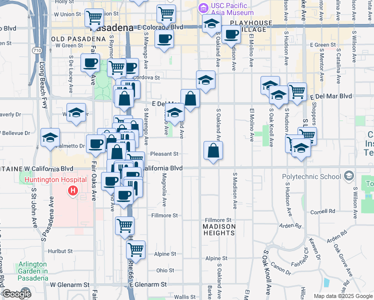 map of restaurants, bars, coffee shops, grocery stores, and more near 504 South Euclid Avenue in Pasadena