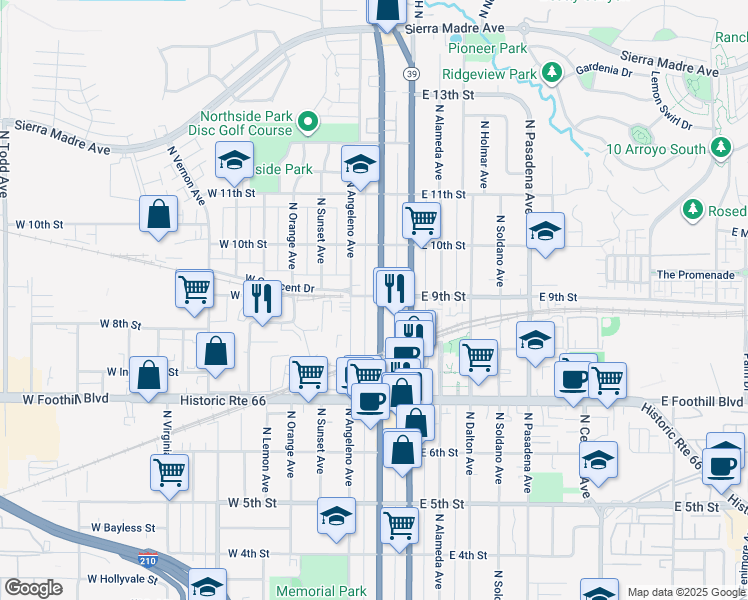 map of restaurants, bars, coffee shops, grocery stores, and more near 847 North San Gabriel Avenue in Azusa