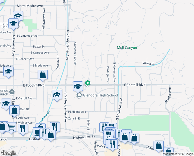 map of restaurants, bars, coffee shops, grocery stores, and more near 124 Whispering Oaks Drive in Glendora