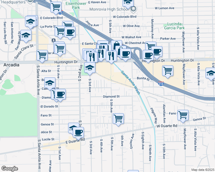 map of restaurants, bars, coffee shops, grocery stores, and more near 421 California Street in Arcadia