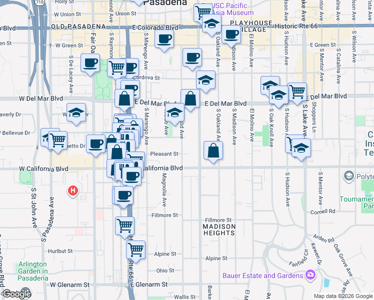 map of restaurants, bars, coffee shops, grocery stores, and more near 504 South Euclid Avenue in Pasadena