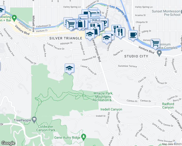 map of restaurants, bars, coffee shops, grocery stores, and more near 12060 Laurel Terrace Drive in Los Angeles