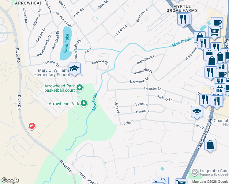 map of restaurants, bars, coffee shops, grocery stores, and more near 418 Brewster Lane in Wilmington