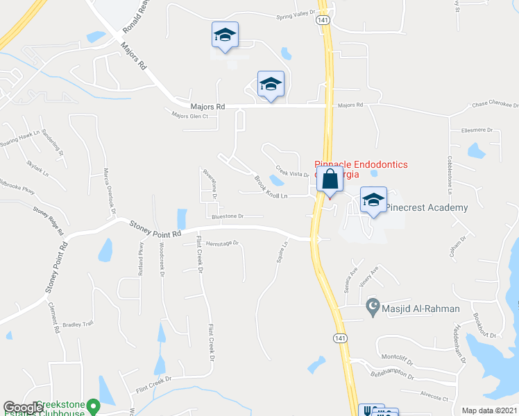 map of restaurants, bars, coffee shops, grocery stores, and more near 1615 Bluestone Drive in Cumming