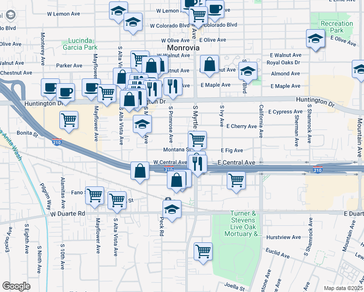 map of restaurants, bars, coffee shops, grocery stores, and more near 131 Montana Street in Monrovia