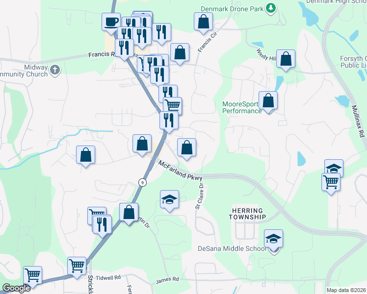 map of restaurants, bars, coffee shops, grocery stores, and more near 165 Creamer Way in Alpharetta
