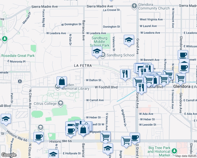 map of restaurants, bars, coffee shops, grocery stores, and more near 137 North Wildwood Avenue in Glendora